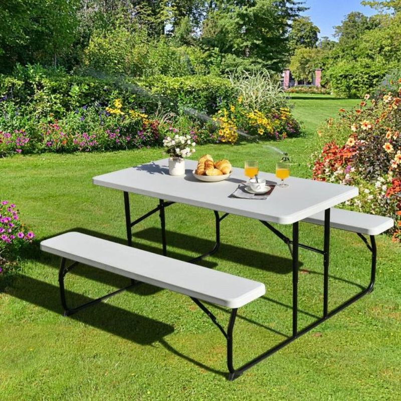 Hivvago Folding White HDPE Picnic Table with 2 Benches Outdoor Patio Furniture Set