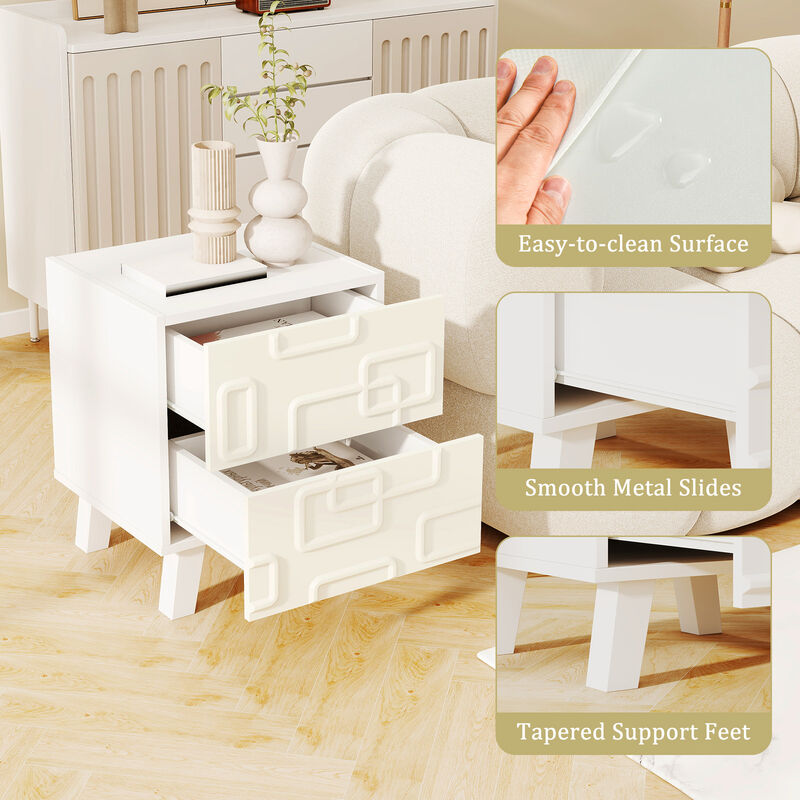 Modern Nightstand Side Table with Drawers and 3D Geometric Patterns for Bedroom