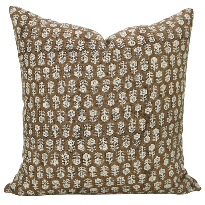 Fabdivine 16x16 Inch Handmade Floral Block Print Thick Linen Fabric Brown Pillow Cover