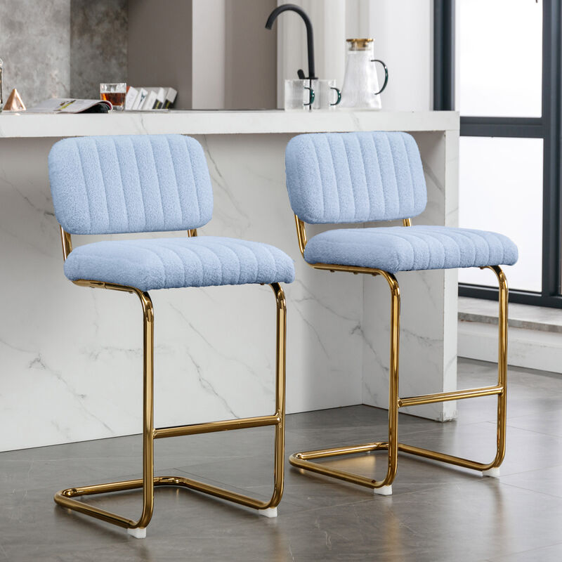 Mid-Century Modern Counter Height Bar Stools for Kitchen Set of 2, Armless Bar Chairs with Gold Metal Chrome Base for Dining Room, Upholstered Boucle Fabric Counter Stools, Blue