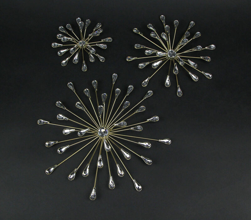 Set of 6 Gold Finish Crystal Jeweled Rhinestone Starburst Metal Wall Hangings image number 3