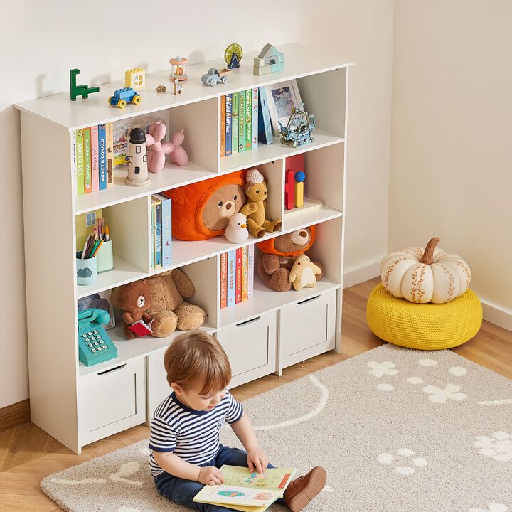 Wooden Kids White Toy Storage Organizer with Bookshelf and 4 Mobile Drawers