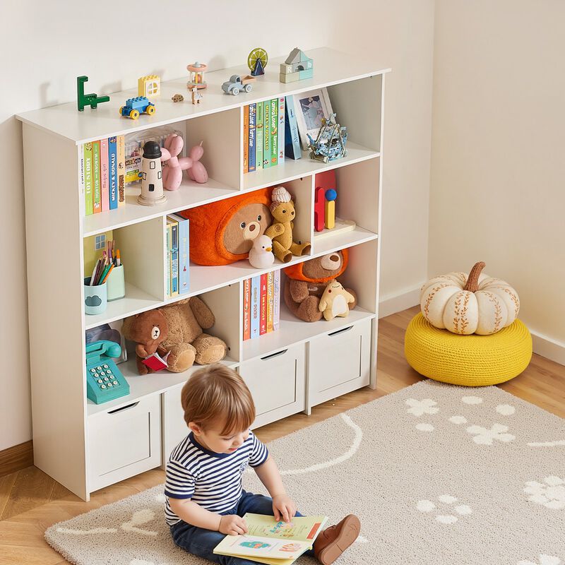 Wooden Kids White Toy Storage Organizer with Bookshelf and 4 Mobile Drawers image number 1