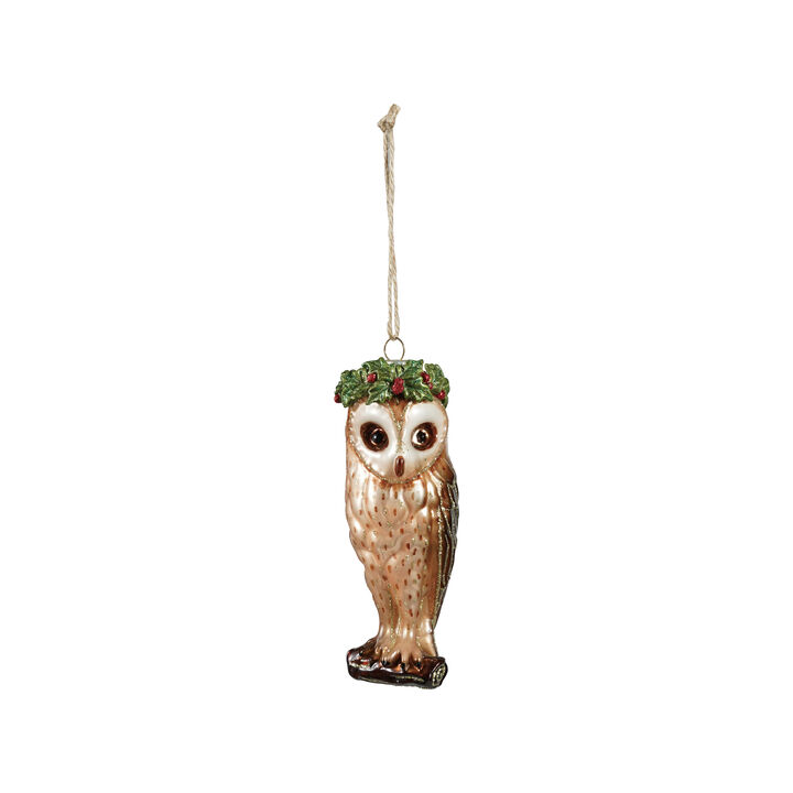 Multicolor Glass Owl Ornament with Holly Crown and Glitter