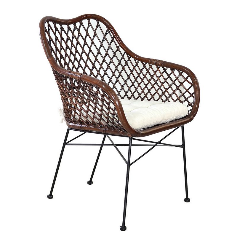25 Inch Palapa Side Chair, Cushion, Rattan Cane, Iron Legs, White, Black image number 0