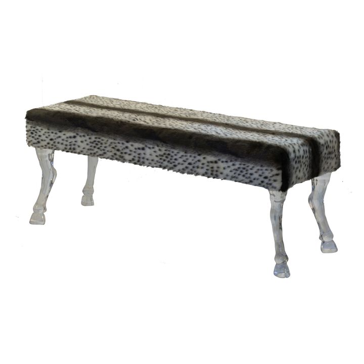 49 Inch Modern Accent Bench, Acrylic Hooved Legs, Faux Fur Gray Upholstery - Benzara