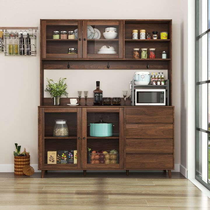 Clihome 63" W Large Kitchen Hutch Cabinet,Freestanding Pantry Cabinets Storage Kitchen Cupboard with 4 Doors,4 Drawers & Microwave Shelf