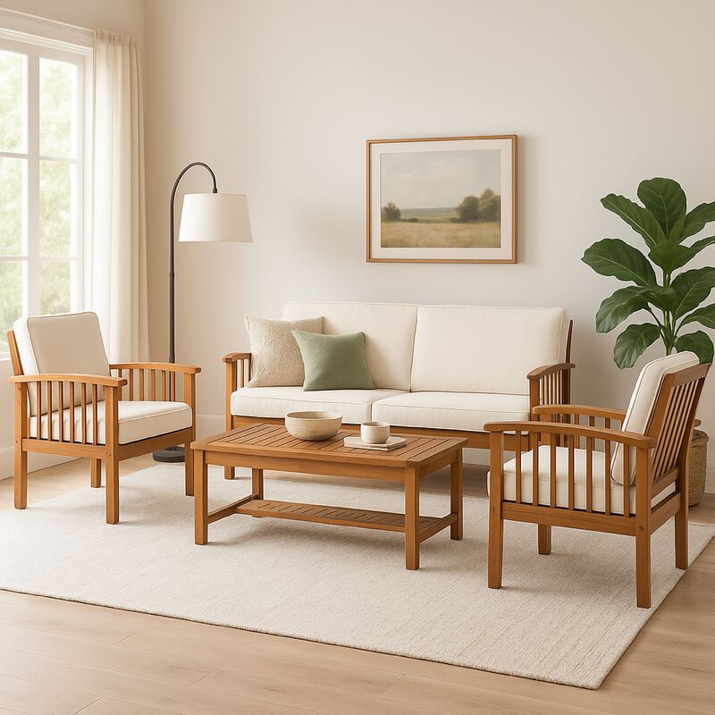 Sayan 4pc Outdoor Coffee Table Set, Loveseat, 2 Chairs, Beige, Brown - Benzara