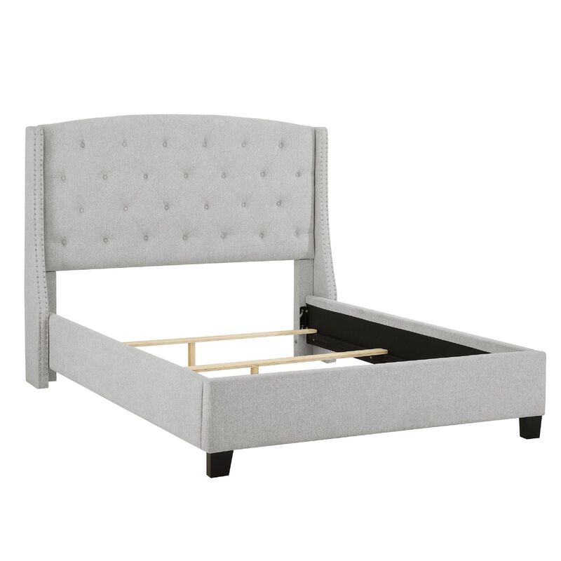 Elle Queen Size Bed, Tufted Wingback Headboard, Dove Gray Upholstery