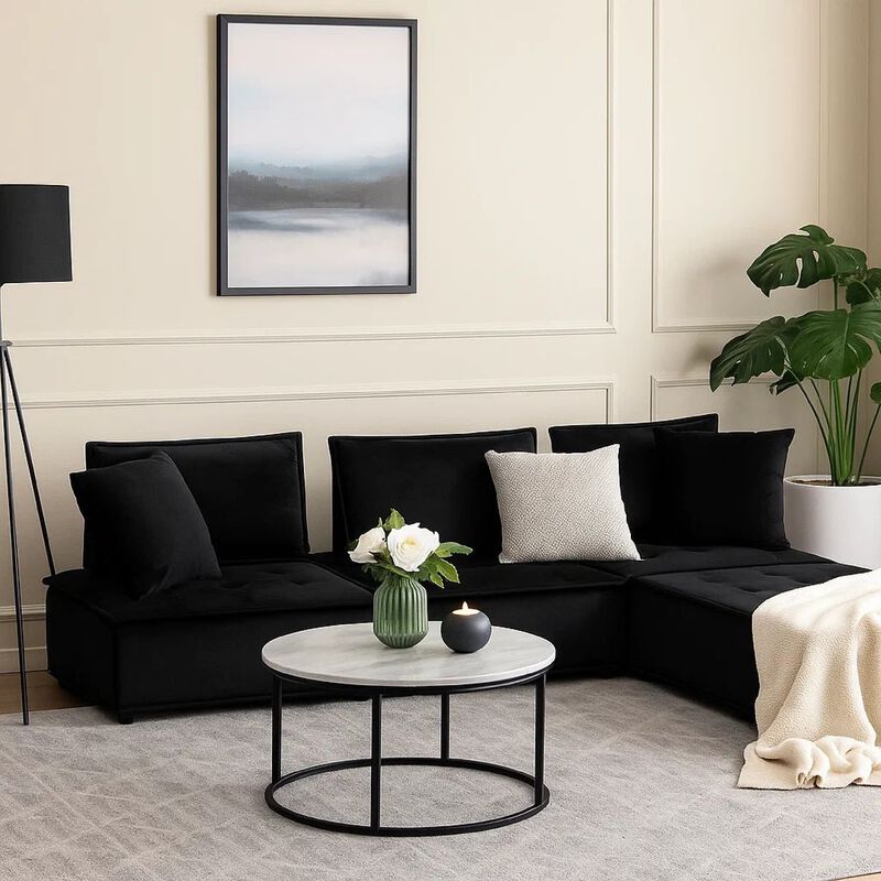Alaya 5pc Foam Modular Sectional Sofa with Ottoman, Black Velvet Upholstery