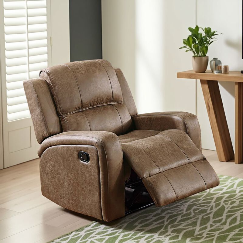 Charles Manual Recliner Chair, Smoke Gray Faux Leather, Solid Wood - Benzara