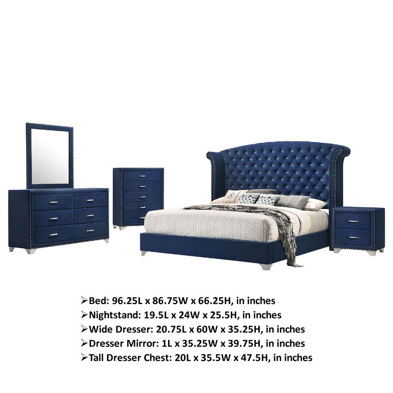 Giya 5pc King Bedroom Set, Classic Tufted Dark Blue Velvet Upholstery