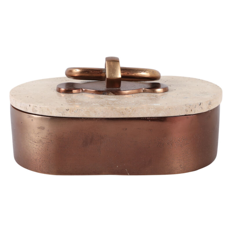 8x5" Travertine & Antique Brass Oval Box, Tan/bron image number 4