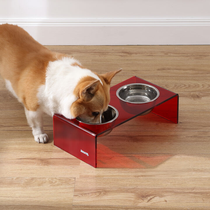 Keaton Modern Acrylic Rectangular Elevated Pet Feeder with Stainless Steel Bowls
