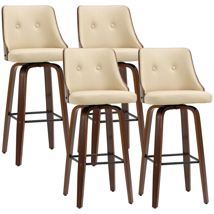 Bar Height Bar Stools, PU Leather Swivel Barstools with Footrest and Tufted Back, Set of 4, Beige
