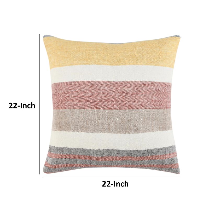 Diu Throw Pillow, 22 Inch Woven Linen, Coastal Striped Red Gray Yellow - Benzara