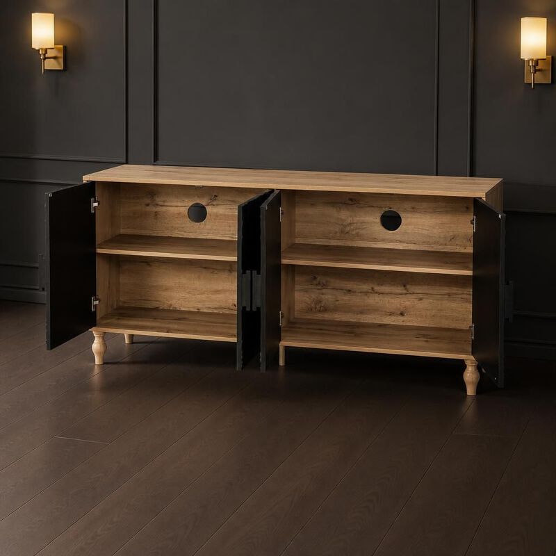 Carved Symmetrical Design Black Door TV Stand Table image number 2