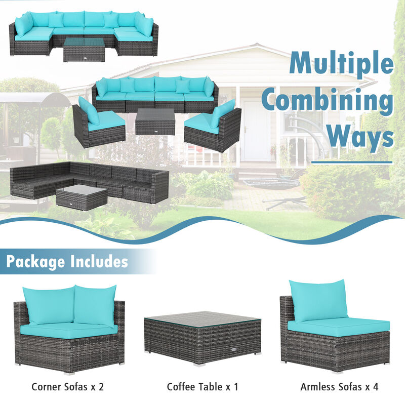 7 Pieces Patio Rattan Furniture Set with Sectional Sofa Cushioned