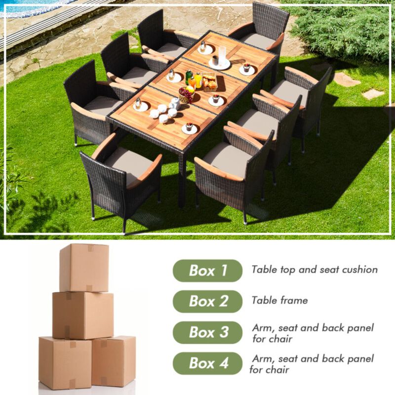 Hivvago 9 Pieces Rattan Dining Set with Acacia Wood Table and Stackable Cushioned Chairs