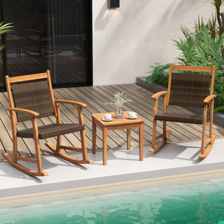 Hivvago 3 Pieces Acacia Wood Patio Rocking Chair Set with Side Table