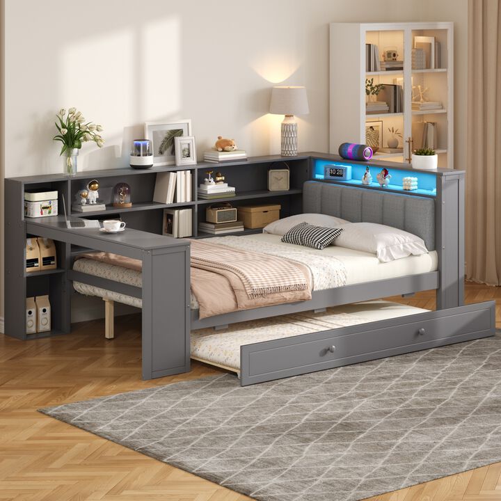 Merax Full Size Wood Platform Bed with LED Headboard, 8 Storage Shelves, Trundle