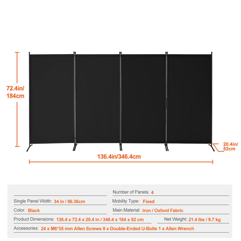4-Panel Folding Room Divider for Privacy in Bedroom, Office, or Living Room