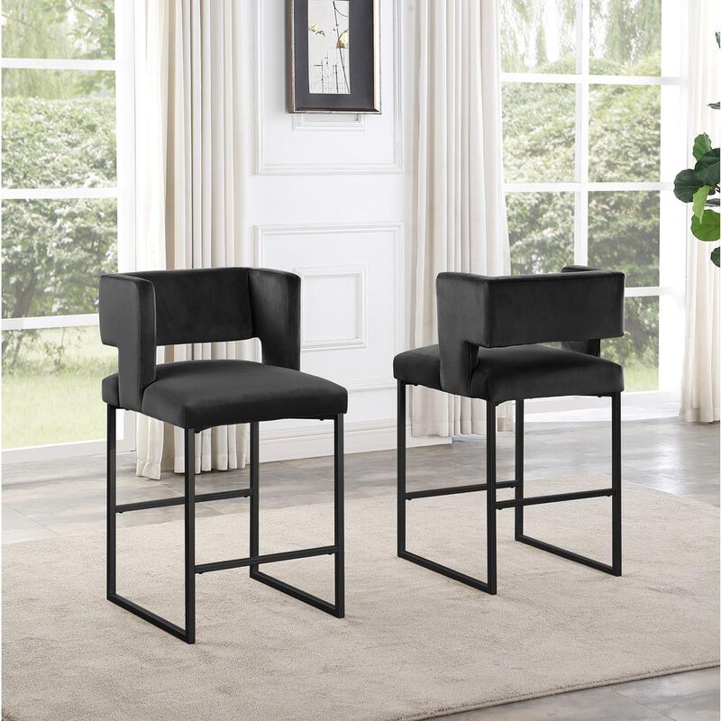 Lynx Black Velvet Bar Stools in Matte Black (Set of 2)