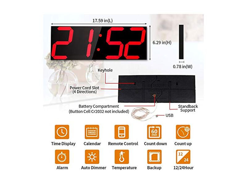 Goetland Digital LED Display Temperaturer Wall Clock 18 Inch Red Modern image number 2