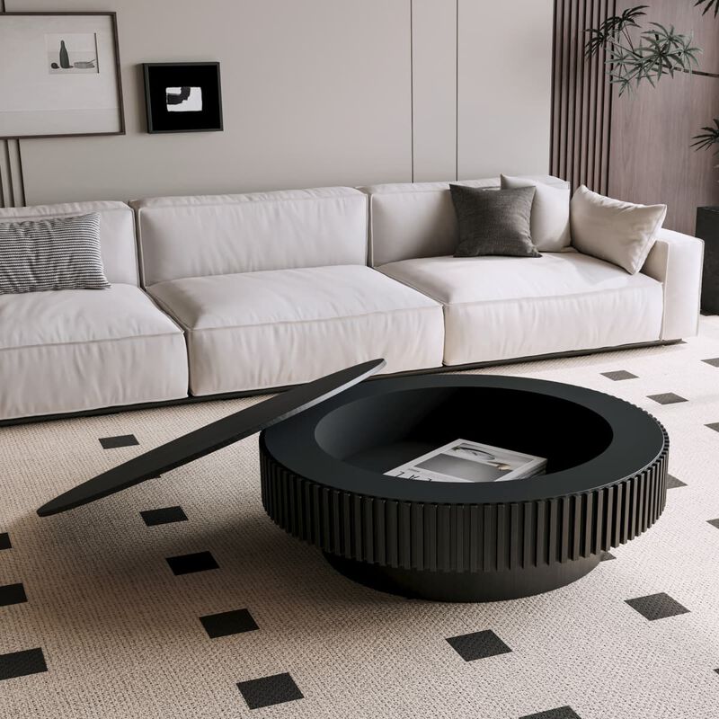 Round coffee table with storage Solid wood veneer and MDF coffee table with fluted base Modern accent coffee table for living room image number 3