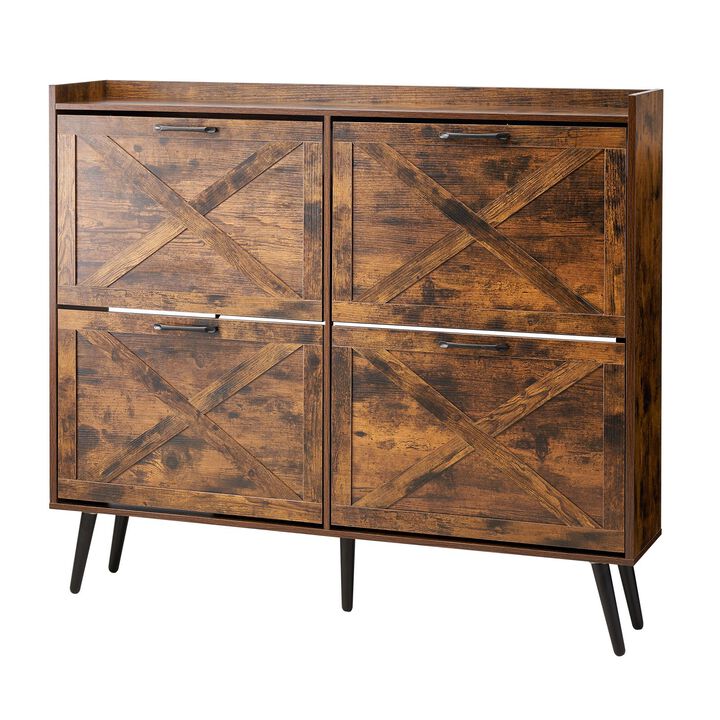 4-Drawer Shoe Cabinet with Wood Legs, Farmhouse Storage with Anti-Tip Brown