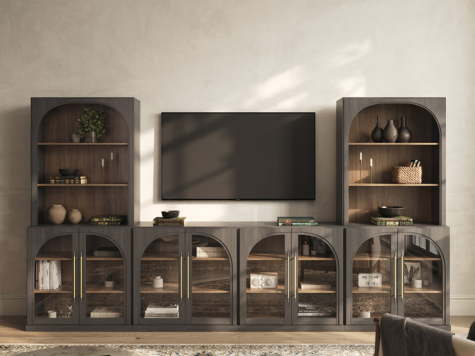 BELLEZE 6-Piece Modular TV Stand Set - 4 Arched Glass Door Entertainment Center & 2 Hutch Storage Units, Classic Modern Large Media Console with Adjustable Shelves for Living Room Family Room, Camel