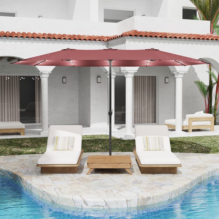 FUFU&GAGA 15-ft x 9-ft Wine Red Large Outdoor Cantilever Umbrella with Solar Panel, Lights & Base, Iron Frame Offset Sunshade
