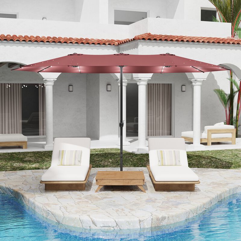 FUFU&GAGA 15-ft x 9-ft Wine Red Large Outdoor Cantilever Umbrella with Solar Panel, Lights & Base, Iron Frame Offset Sunshade image number 1