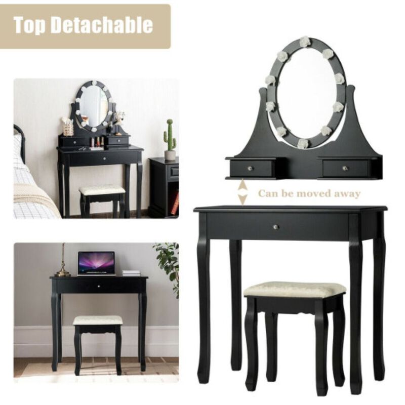 3 Drawers Lighted Mirror Vanity Dressing Table Stool Set-Black image number 3