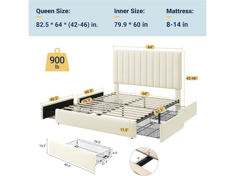 Queen Storage Bed Frame &ndash; Velvet Upholstered Platform with Tufted Headboard & 4 Drawers