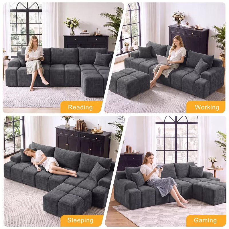Vipbear 122" L Shaped Modular Sectional Sofa with Ottoman Oversized Deep Seat Comfy Chenille Fabric image number 6
