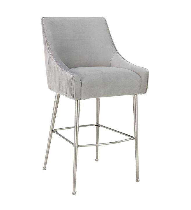 Tov Furniture Beatrix Pleated Velvet Upholstered Bar Stool with Silver Handle and Legs (Light Grey)