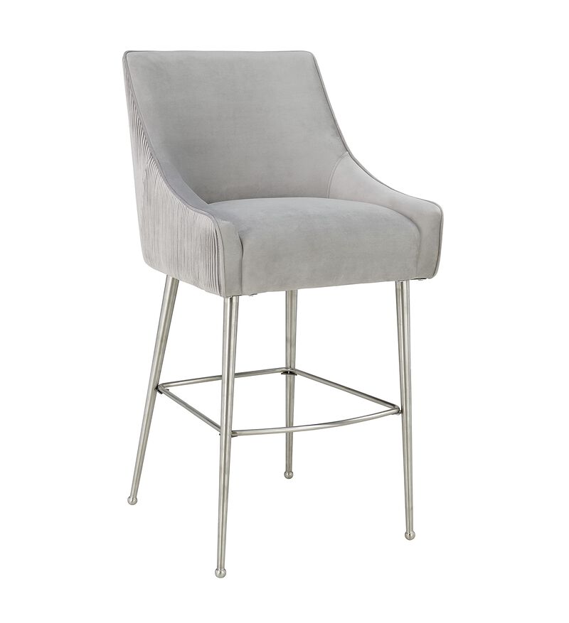 Tov Furniture Beatrix Pleated Velvet Upholstered Bar Stool with Silver Handle and Legs (Light Grey) image number 0
