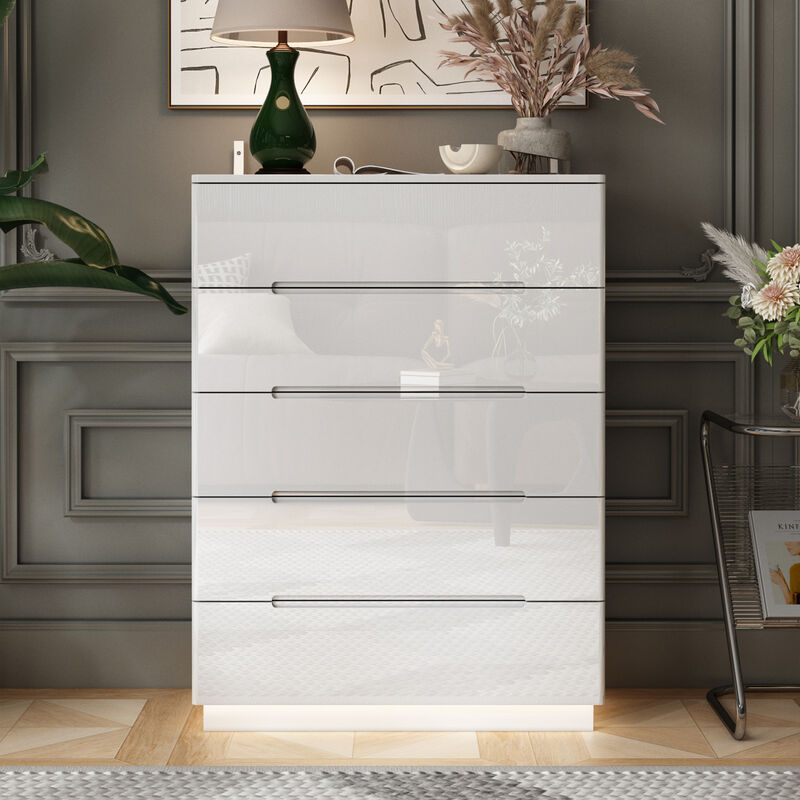High Gloss White Wood 5-Drawer Chest of Drawers Storage Organizer With LED Lights (31.5 in. W x 42.6 in. H x 15.7 in. D)