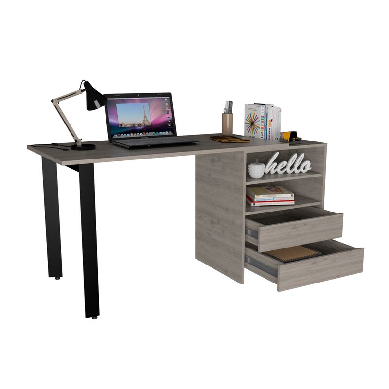 Malaui 120 Desk, Two Legs, Two Drawers, Two Shelves -Light Gray
