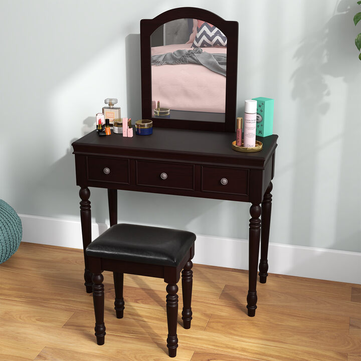Makeup Vanity Table and Stool Set with Detachable Mirror and 3 Drawers Storage