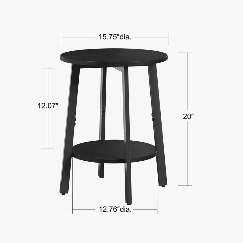 sthmec Side Table, Small Round End Table with Storage Shelf for Small Space, 2-Tier Small Black Bedside Table Sofa Couch Table,