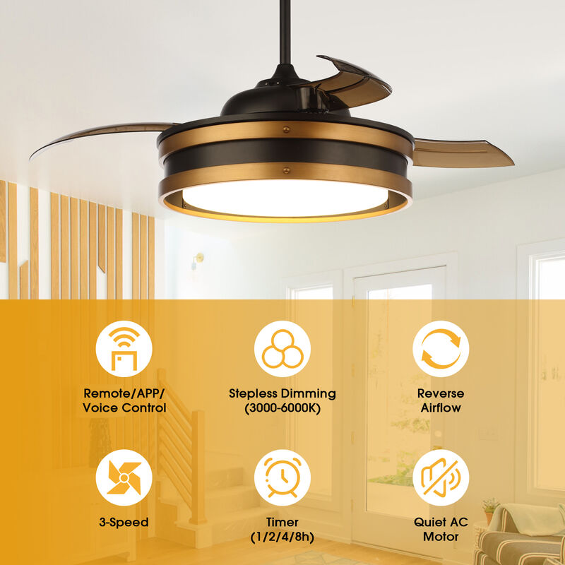 52" Vintage Brass Bladeless Smart Ceiling Fan with Light and Remote, App Control, Voice Control