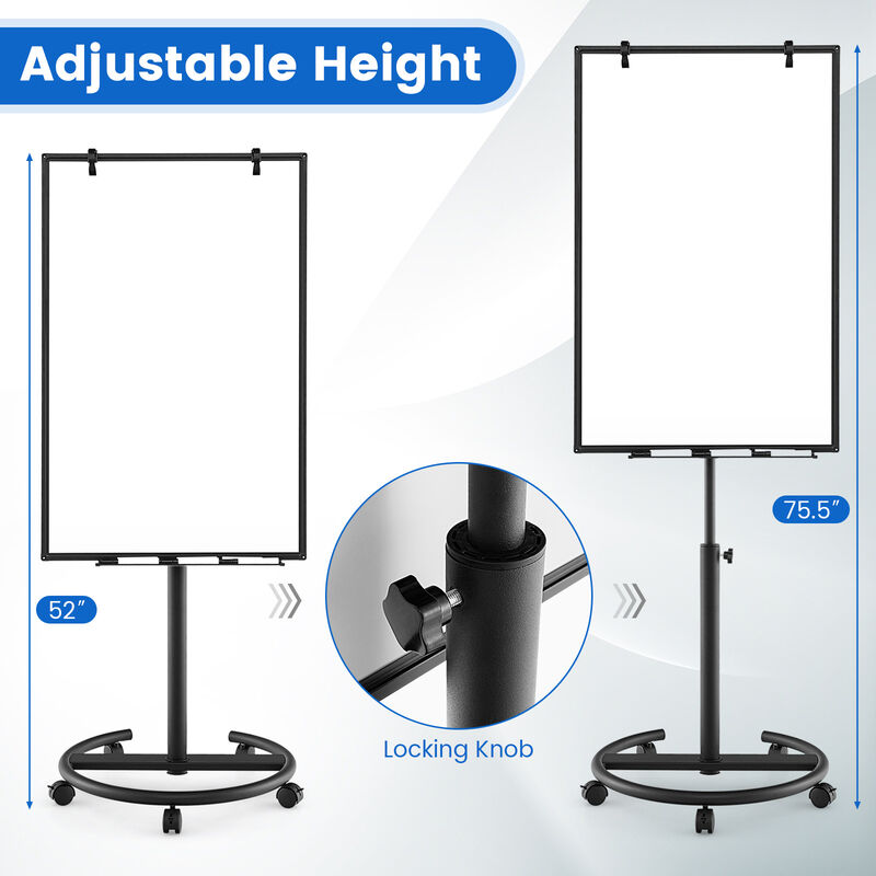 Adjustable Height Mobile Whiteboard with Round Stand and Paper Clip Holder