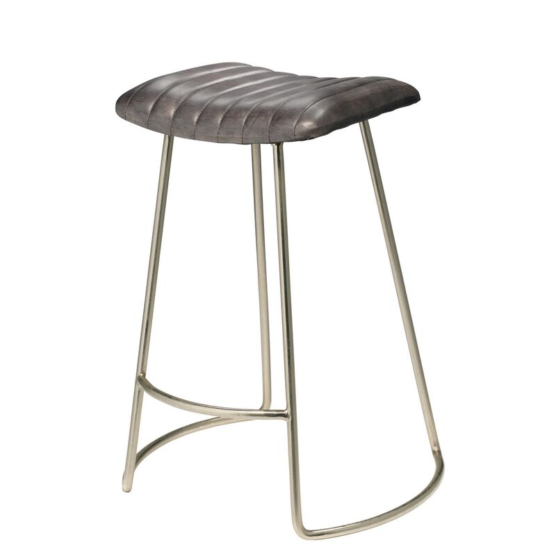 Counter Stool with Leatherette Vertical Channel Stitching, Gray and Silver - Benzara image number 1
