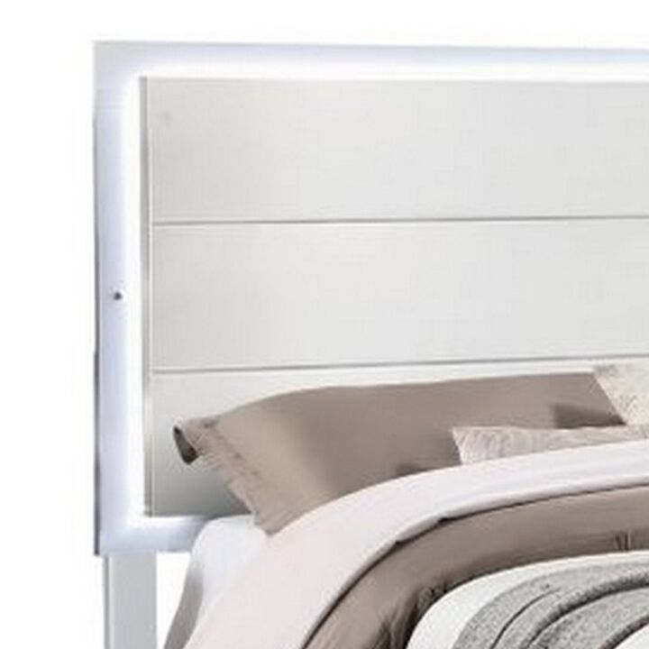 Vin Modern Queen Size Bed, Panel Headboard, LED Light, Crisp White Finish-Benzara