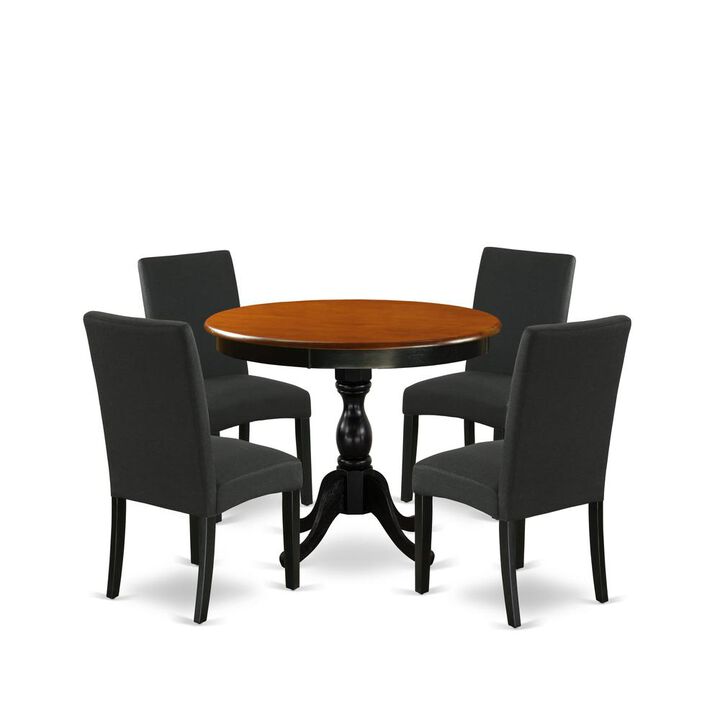 East West Furniture 5-Piece Round Dining Set Includes a Wooden Dinner Table and 4 Black Linen Fabric Parson Dining Chairs with High Back - Black Finish