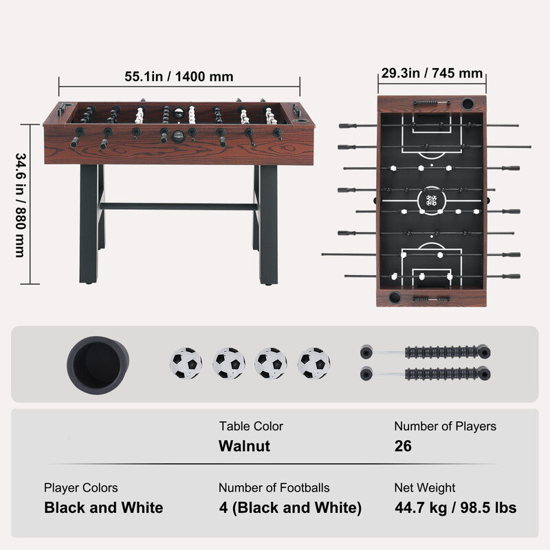 Indoor Full Size Foosball Table with Soccer Game Set, 4 Balls and 2 Cup Holders-Brown image number 2