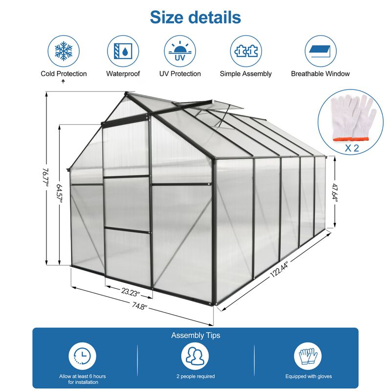 6x10 FT Greenhouse Raised Base&Anchor Aluminum Heavy Duty Walk-in Greenhouses for Outdoor image number 3