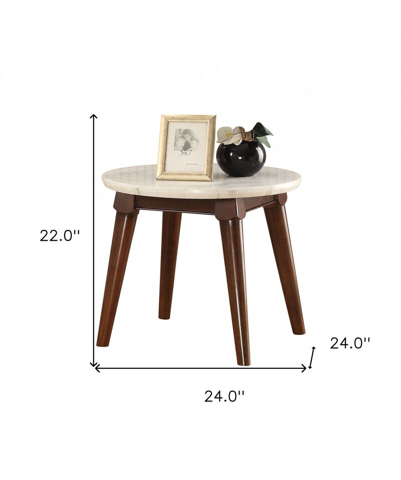 Homezia 22" Walnut And White Faux Marble Round End Table